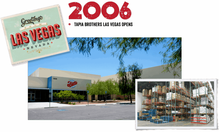 Title 2006. Text: Tapia brothers Las Vegas opens. A photo of Las Vegas building. Small postal card of las vegas. A small photo of the interior of the warehouses filled with a lot of product boxes.