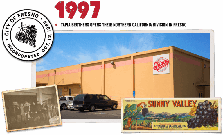 Title: 1997. Text: Tapia brothers opens their northern california division in fresno. A Fresno city stamp. A Sunny Valley postcard. A photo of Fresno building. A small photo of Tapia Brother Fresno team.